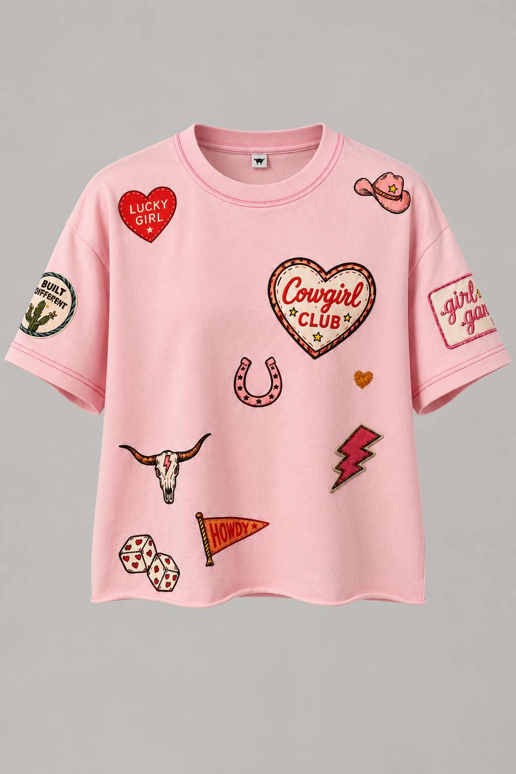 Cowgirl Club Pink cropped Acid Wash Tee