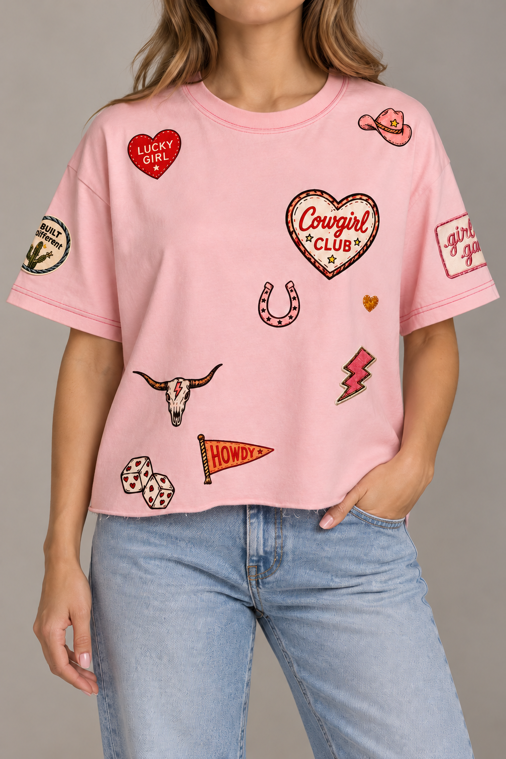 Cowgirl Club Pink cropped Acid Wash Tee