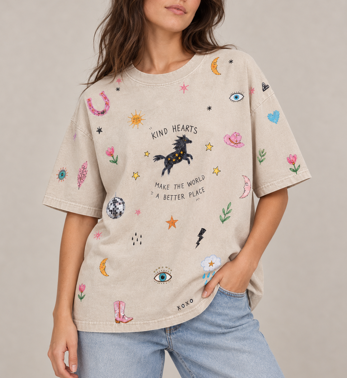 Kind Hearts Beige Acid Wash Tee
