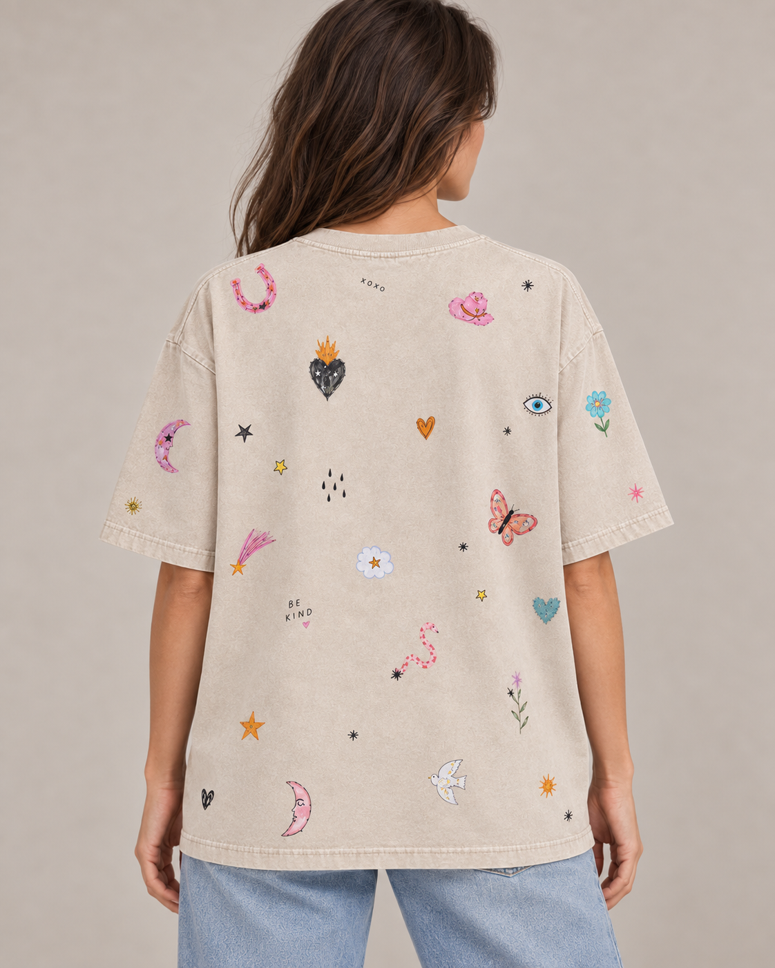 Kind Hearts Beige Acid Wash Tee