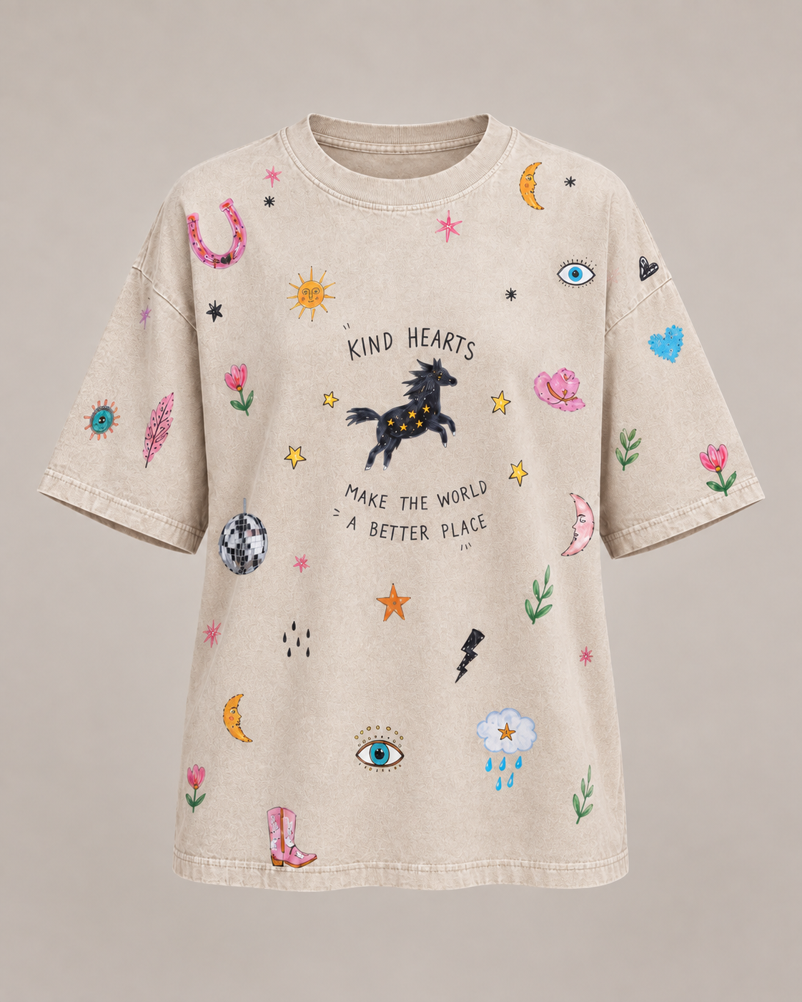 Kind Hearts Beige Acid Wash Tee