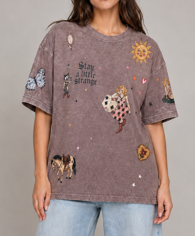 Stay a little Strange brown Acid Wash Tee