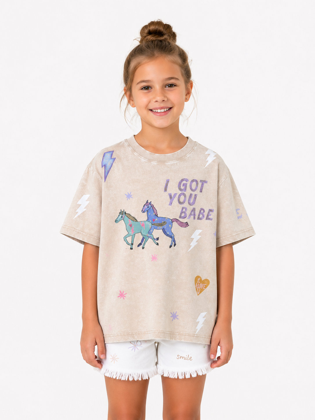 Junior Acid Wash Matching Tee in Ivory