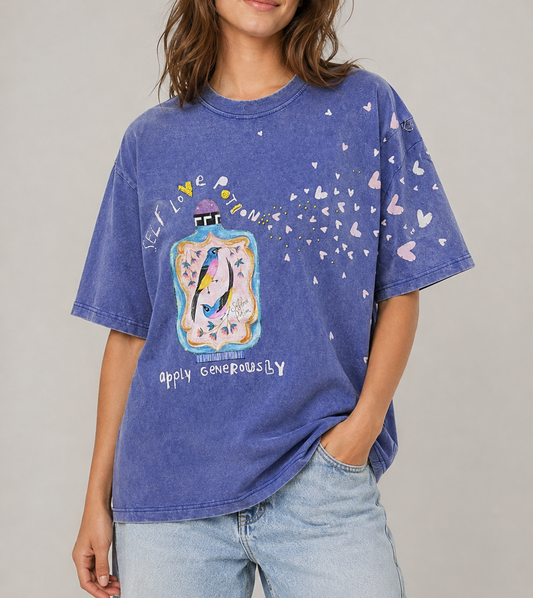 Self Love Potion Blue Acid Wash Tee