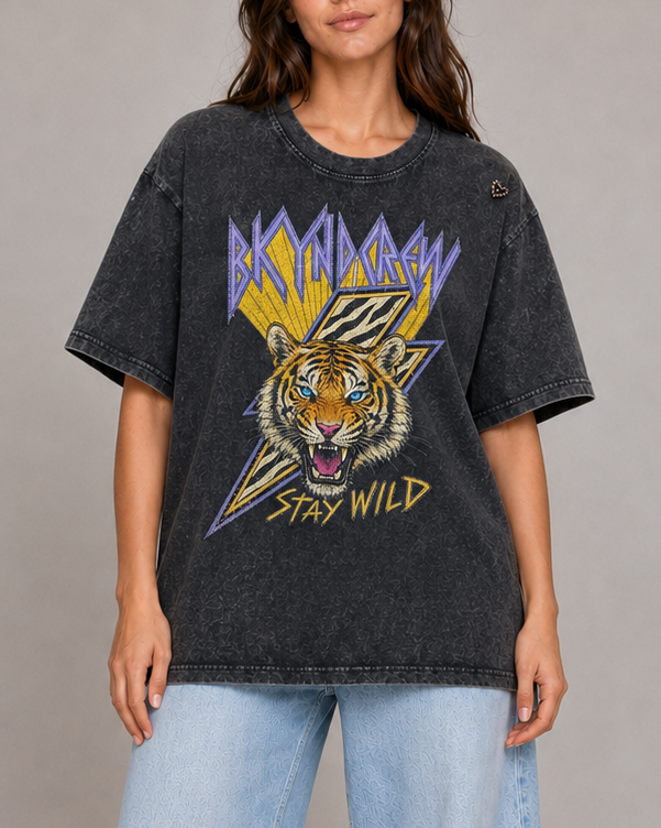 BKYND Stay Wild Black acid wash Tee