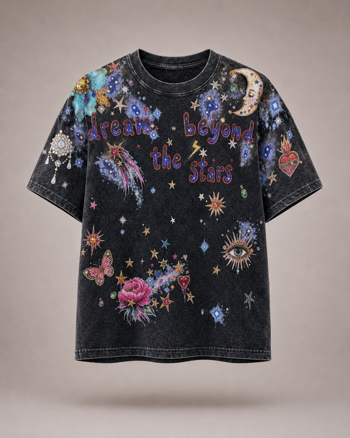 Dream Beyond the Stars black Acid Wash Tee