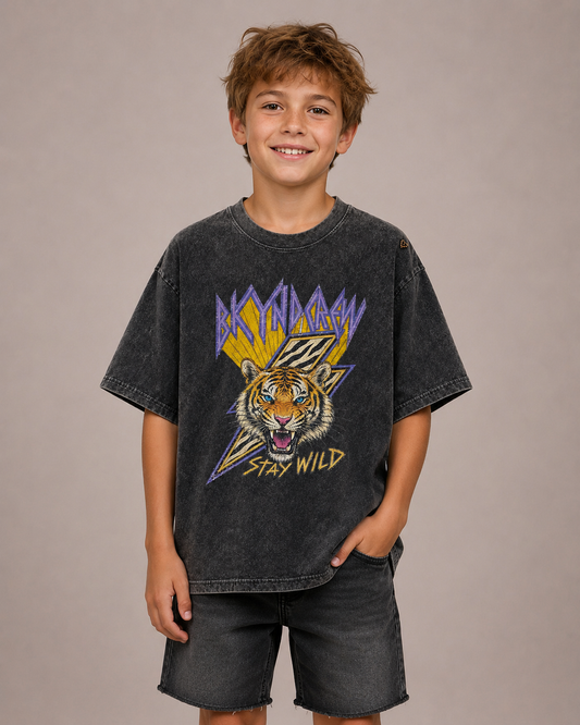Junior STAY WILD Black Acid Wash Tee