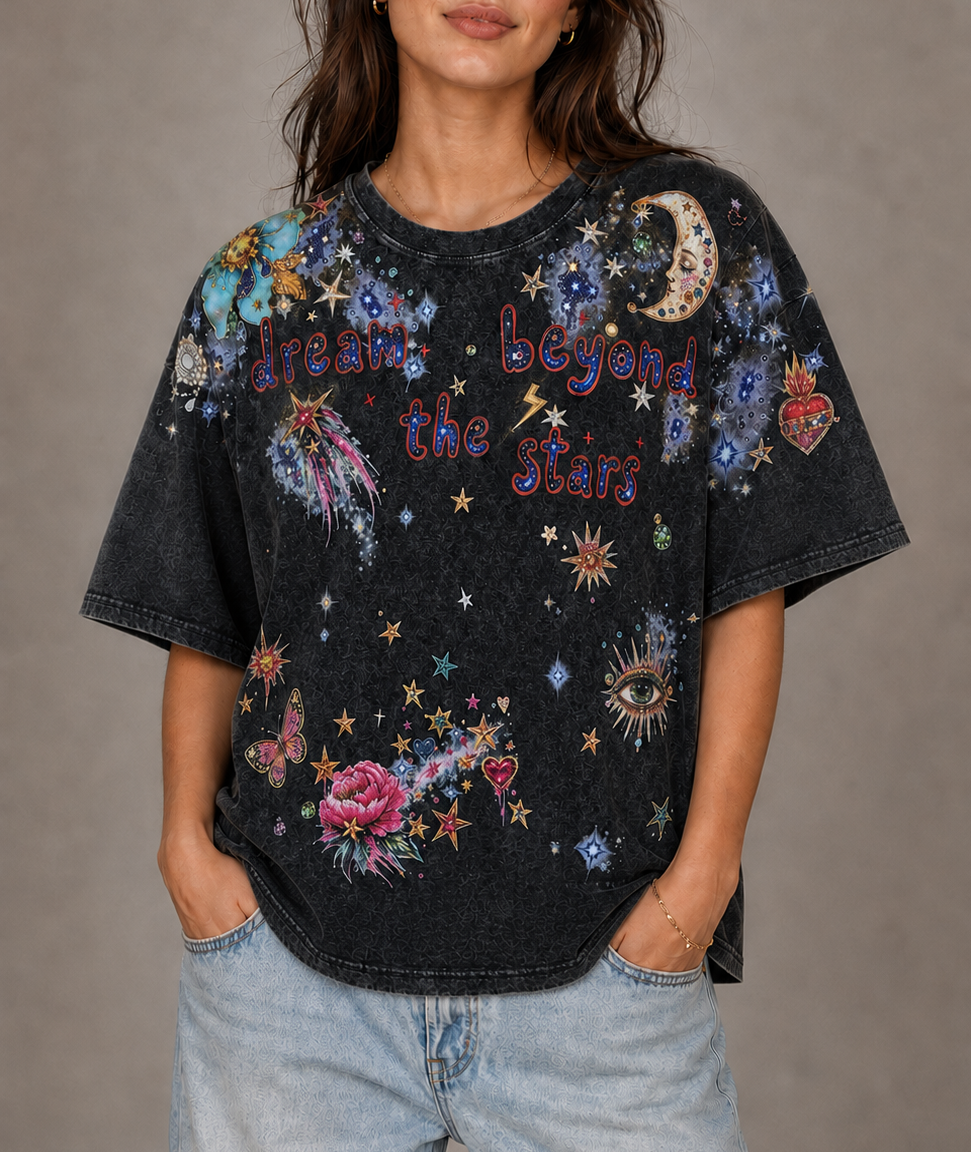 Dream Beyond the Stars black Acid Wash Tee