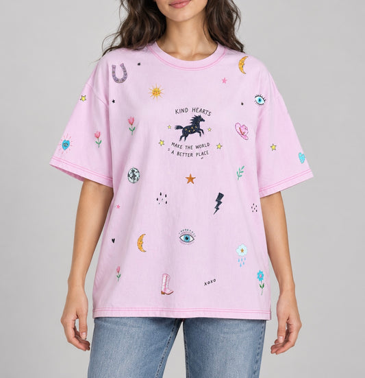 Kind Hearts Baby Pink Acid Wash Tee