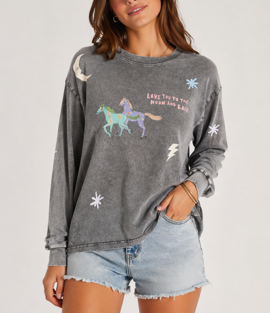 Love you to the Moon Grey Acid Wash long sleeve Tee