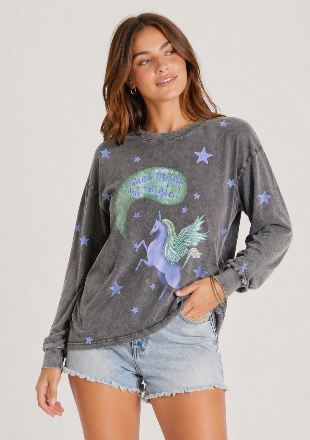 Made of Magic Unicorn Grey Acid Wash long sleeve Tee