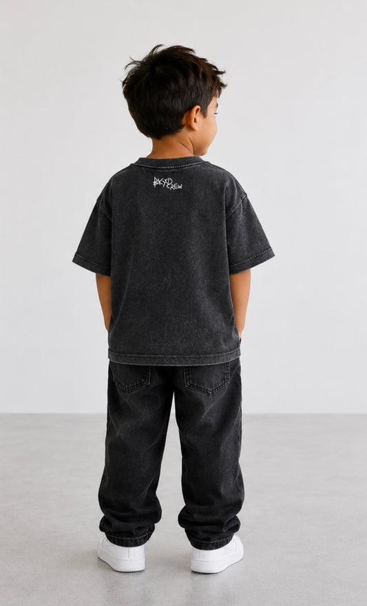 Junior Acid Wash Tee in Black Logo
