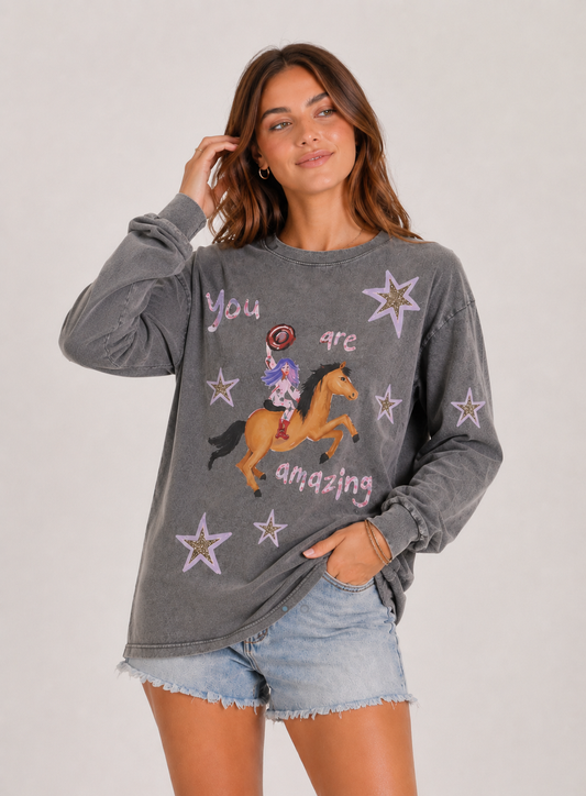 You are Amazing grey Acid Wash long sleeve Tee