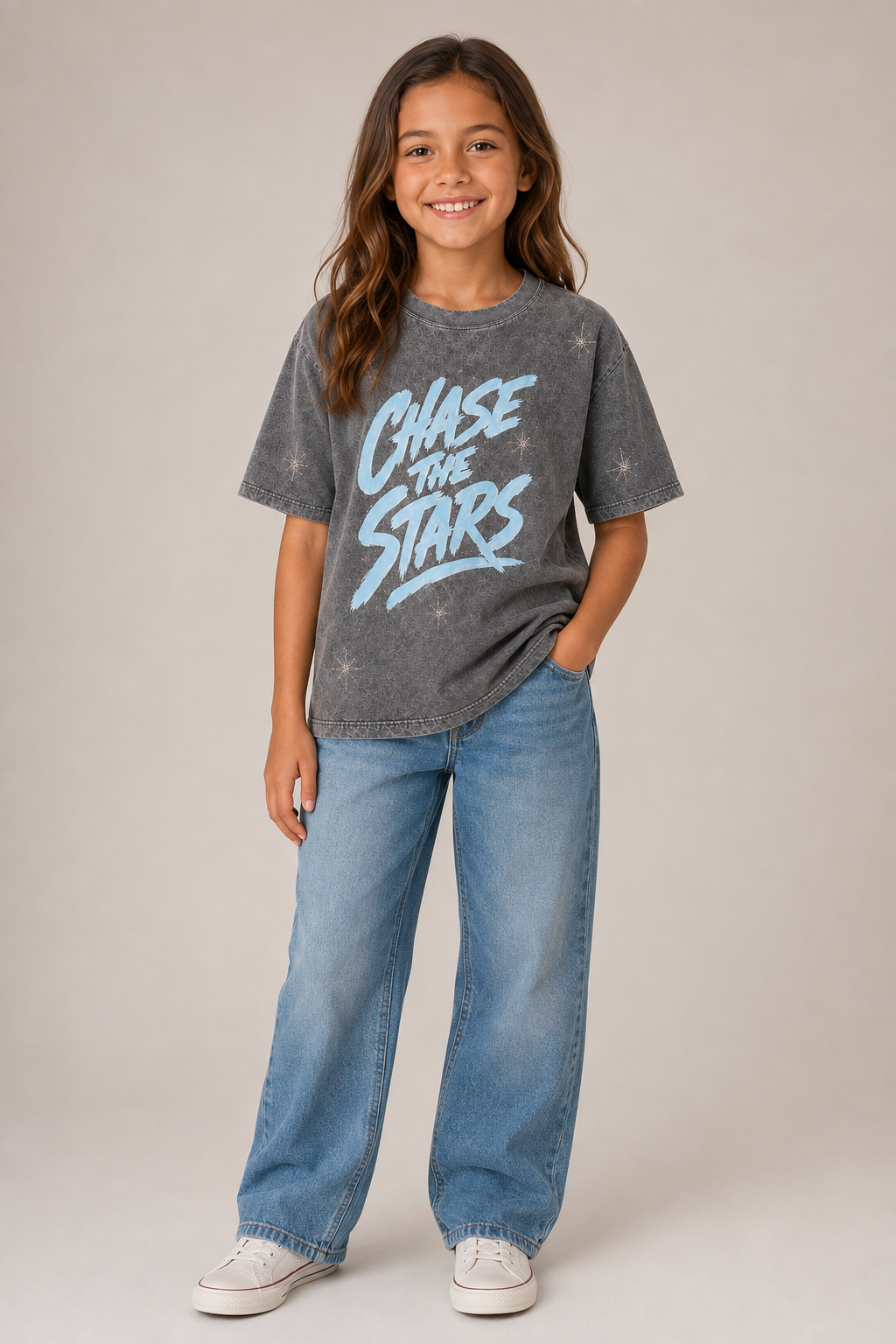 Junior CHASE THE STARS Grey Acid Wash Tee