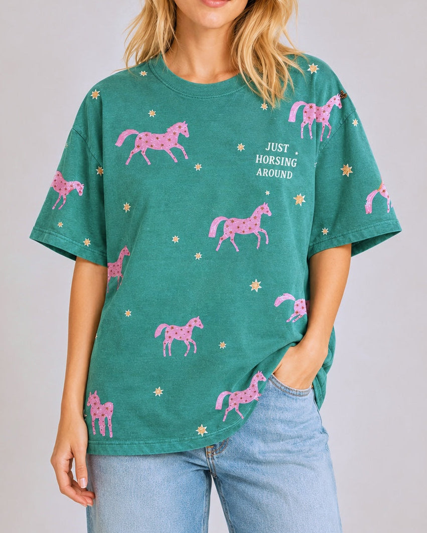 Horsing Around Green Acid Wash Tee