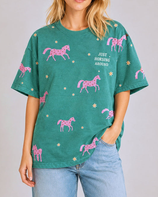 Horsing Around Green Acid Wash Tee