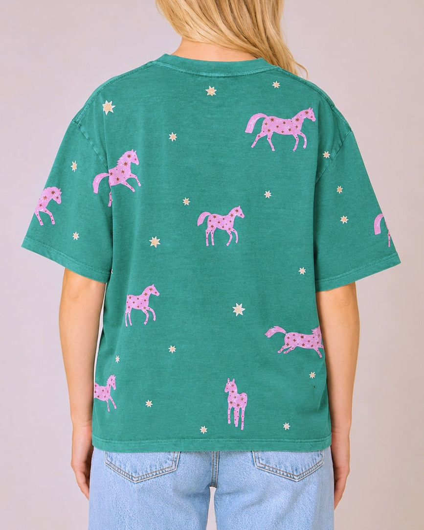 Horsing Around Green Acid Wash Tee