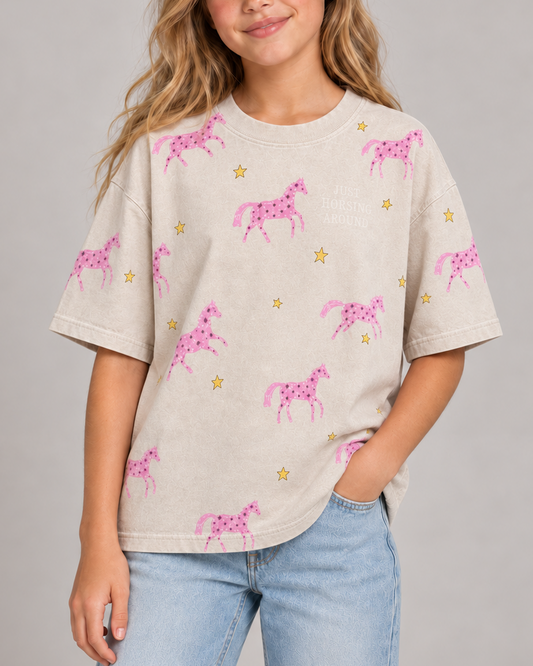 Junior HORSING AROUND Biege Acid Wash Tee