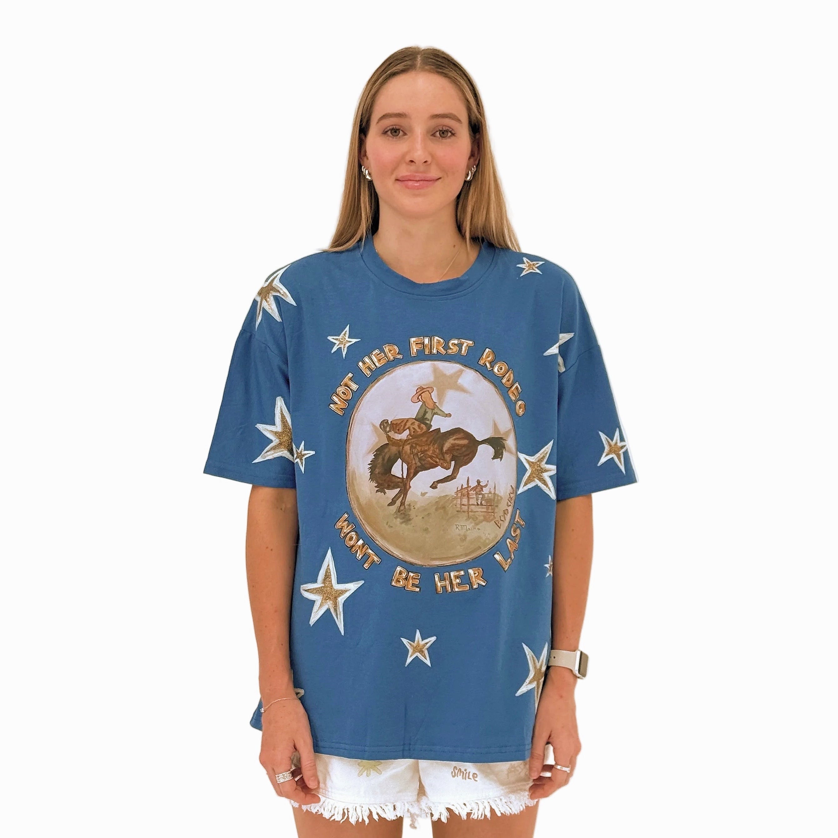 NOT HER FIRST RODEO Oversized Blue Tee