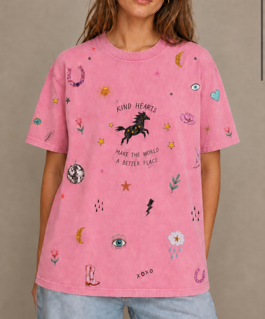 Kind Hearts Pink Acid Wash Tee