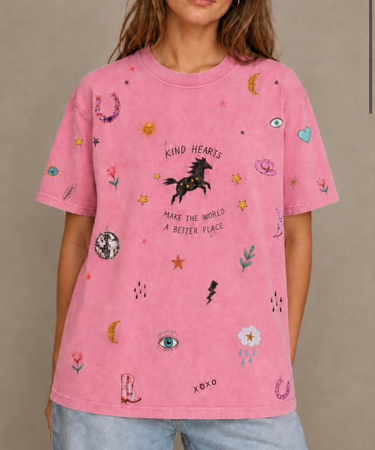Kind Hearts Pink Acid Wash Tee