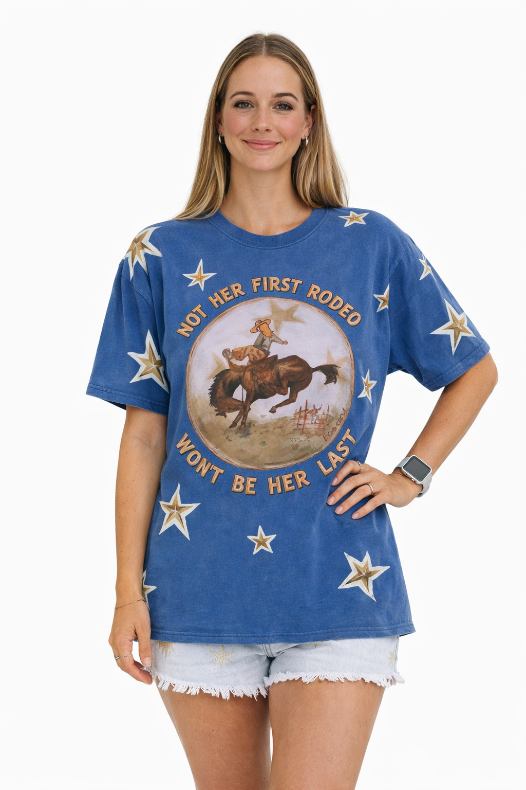 NOT HER FIRST RODEO Oversized Blue Tee