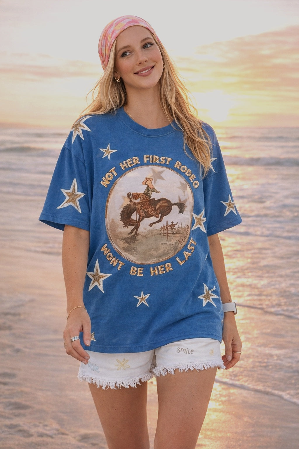 NOT HER FIRST RODEO Oversized Blue Tee