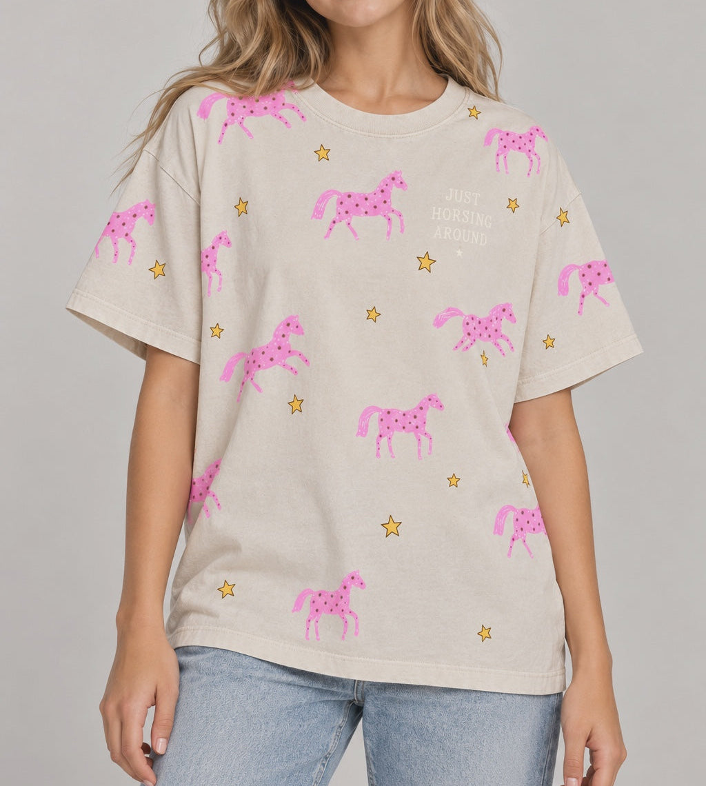 Just horsing around Beige Acid Wash Tee