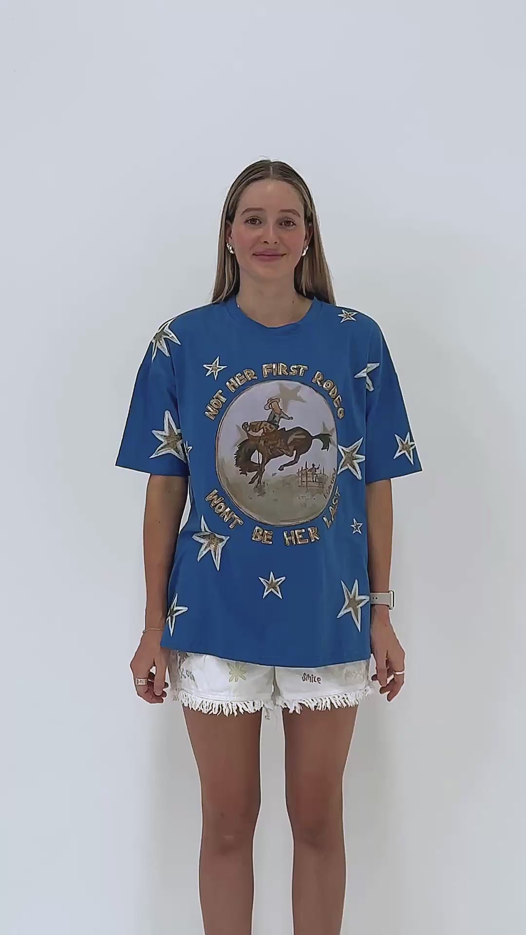 NOT HER FIRST RODEO Oversized Blue Tee